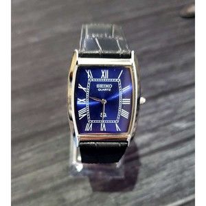RARE‎ NOS Seiko Mens Tank Barrel Blue Satin Roman Dial Black Leather band…